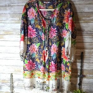 Johnny Was Mixed Print 100% SILK Tunic EUC